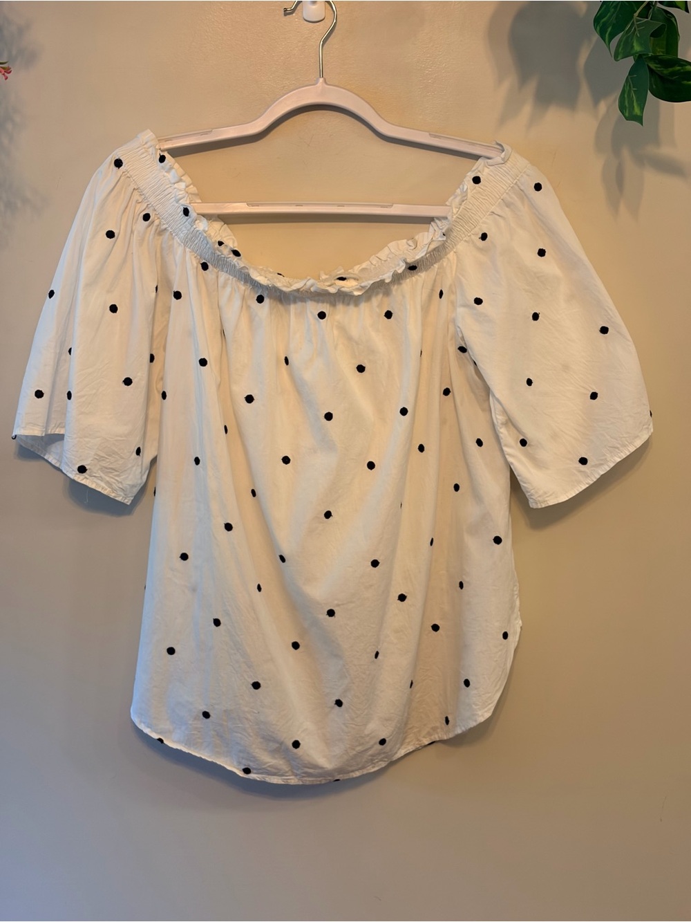 100% Cotton Off-the-Shoulder Embroidered Polka Dot Blouse - Picture 2 of 8
